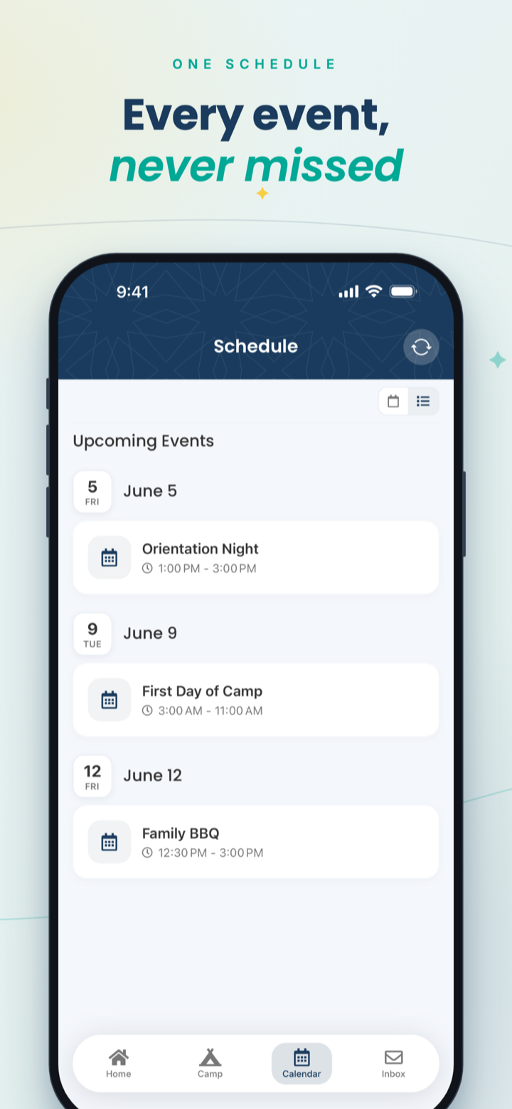 Upcoming camp events and calendar